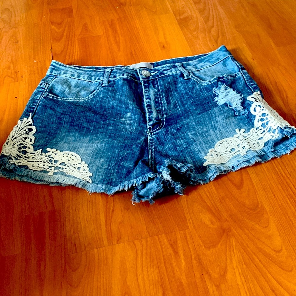 lacey denim shorts